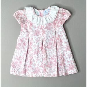 Lulu Bebe Pink Floral Toile Dress w/Embroidered White Ruffle Collar Girls 18 Mo